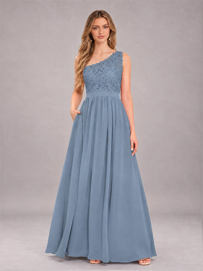 Dusty Blue Trendy Lace Appliques One Shoulder Chiffon Bridesmaid Dress With Pockets