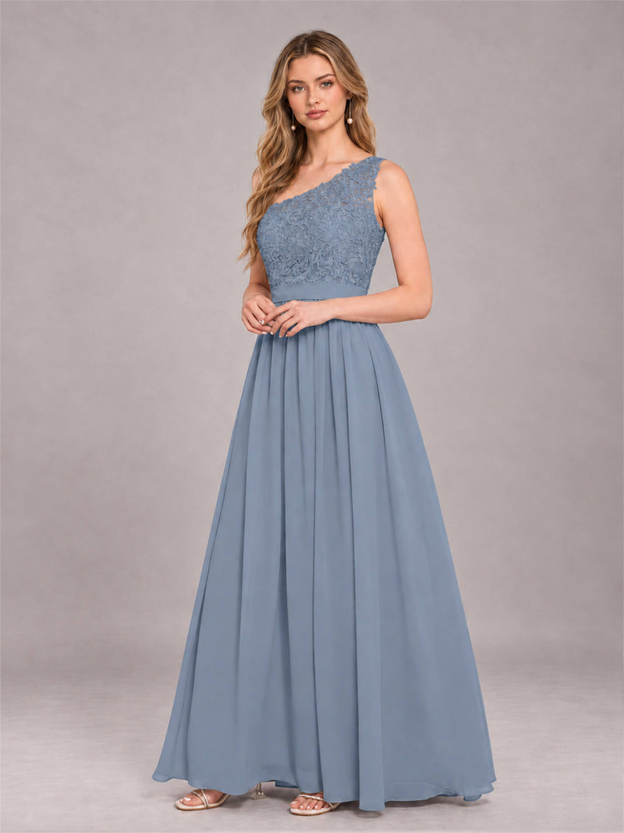 Dusty Blue Trendy Lace Appliques One Shoulder Chiffon Bridesmaid Dress With Pockets