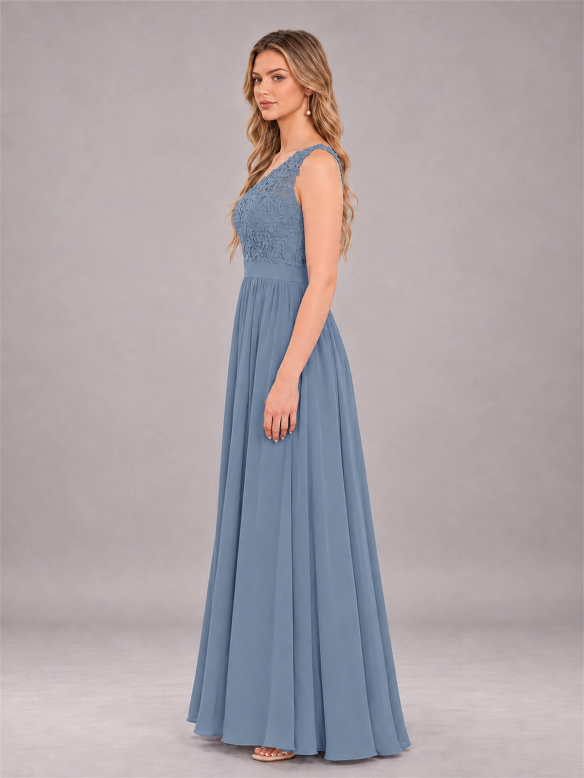 Dusty Blue Trendy Lace Appliques One Shoulder Chiffon Bridesmaid Dress With Pockets