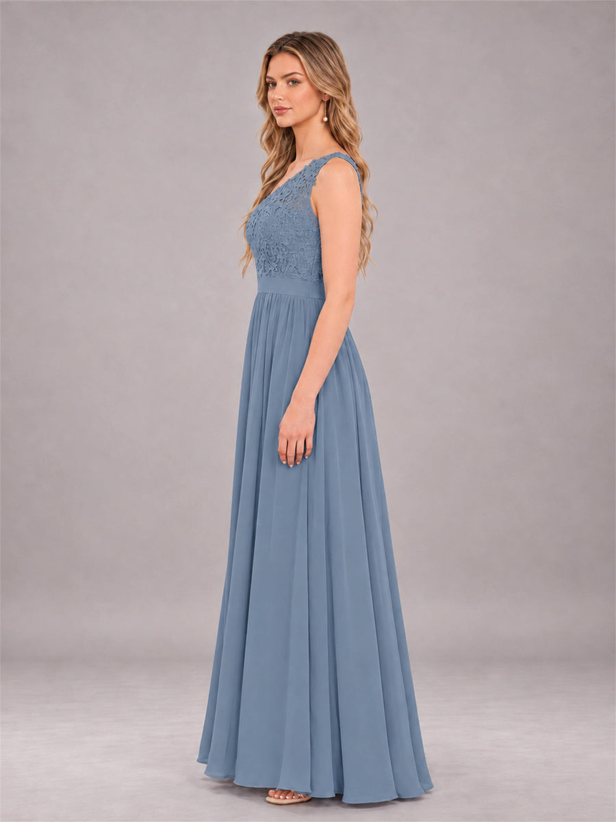 Dusty Blue Trendy Lace Appliques One Shoulder Chiffon Bridesmaid Dress With Pockets