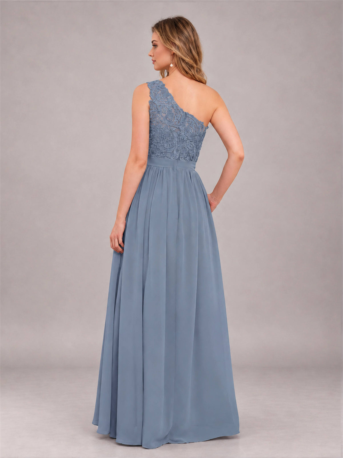 Dusty Blue Trendy Lace Appliques One Shoulder Chiffon Bridesmaid Dress With Pockets