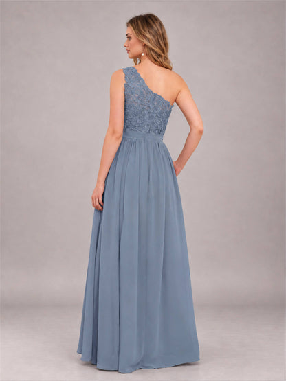 Dusty Blue Trendy Lace Appliques One Shoulder Chiffon Bridesmaid Dress With Pockets