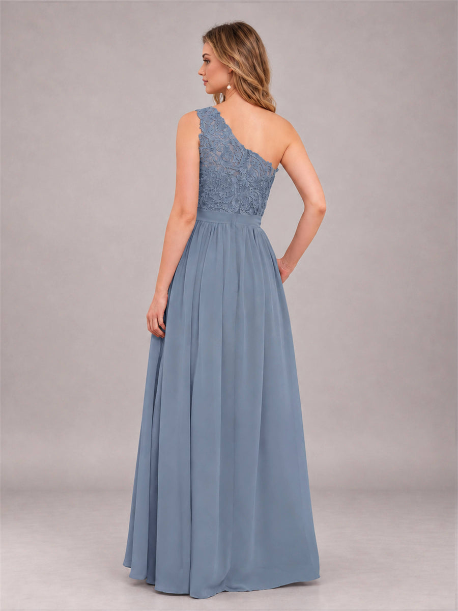 Dusty Blue Trendy Lace Appliques One Shoulder Chiffon Bridesmaid Dress With Pockets