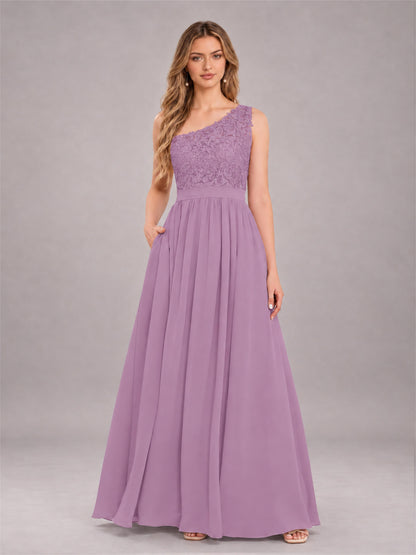 Dusty Purple Trendy Lace Appliques One Shoulder Chiffon Bridesmaid Dress With Pockets