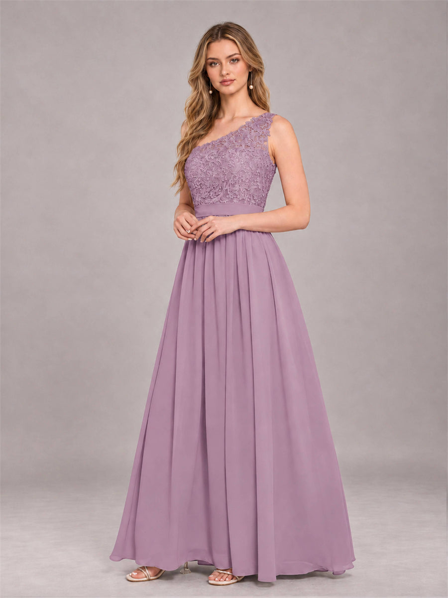 Dusty Purple Trendy Lace Appliques One Shoulder Chiffon Bridesmaid Dress With Pockets