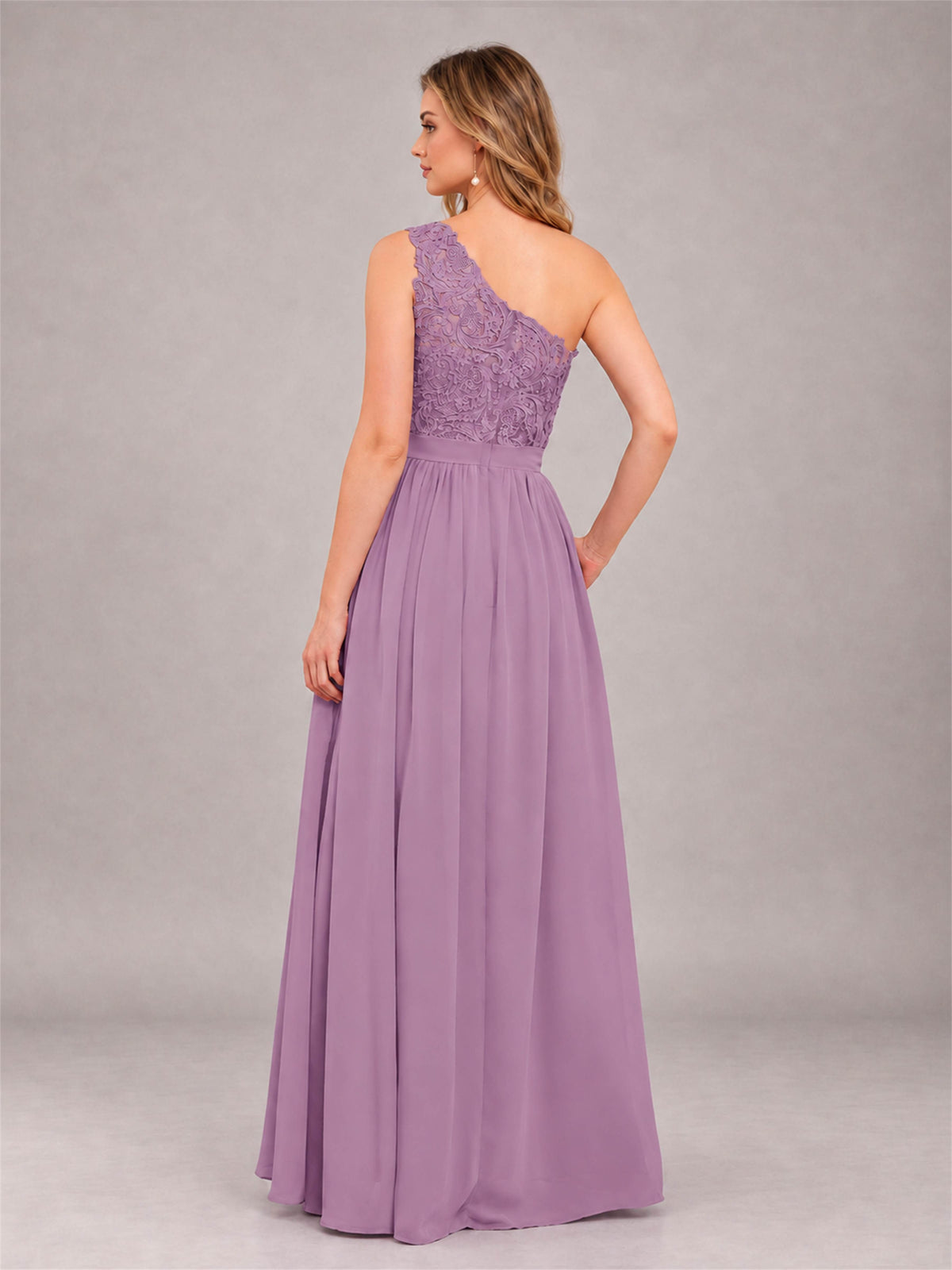Dusty Purple Trendy Lace Appliques One Shoulder Chiffon Bridesmaid Dress With Pockets