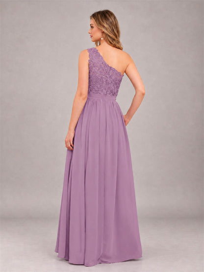 Dusty Purple Trendy Lace Appliques One Shoulder Chiffon Bridesmaid Dress With Pockets
