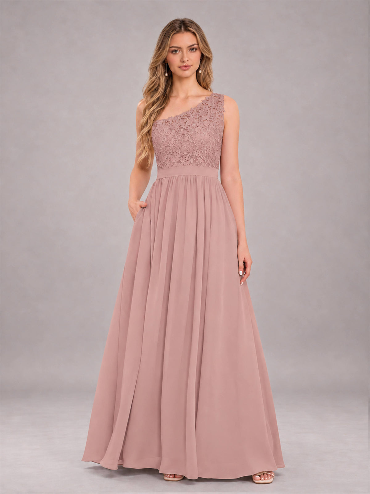 Dusty Rose Trendy Lace Appliques One Shoulder Chiffon Bridesmaid Dress With Pockets