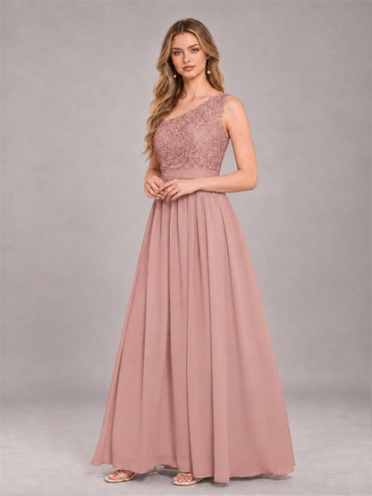 Dusty Rose Trendy Lace Appliques One Shoulder Chiffon Bridesmaid Dress With Pockets