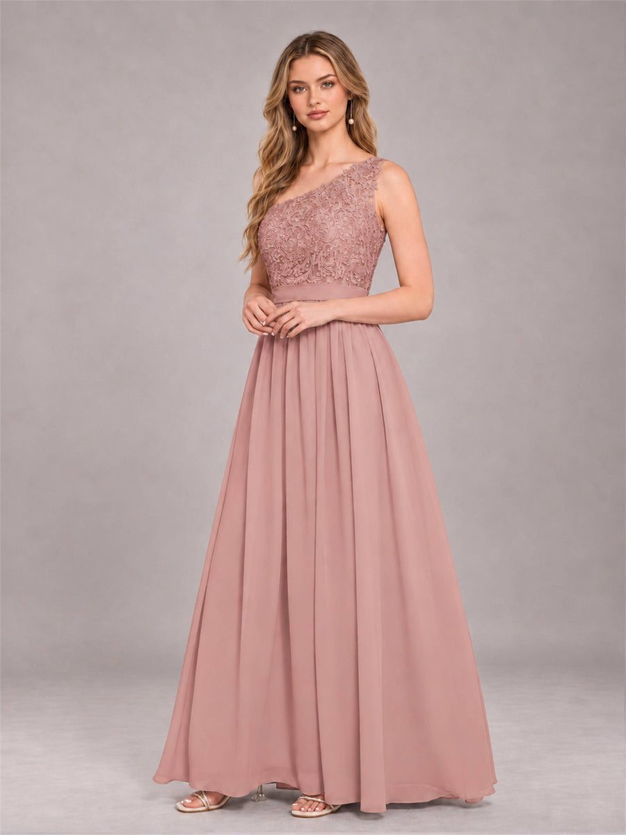 Dusty Rose Trendy Lace Appliques One Shoulder Chiffon Bridesmaid Dress With Pockets