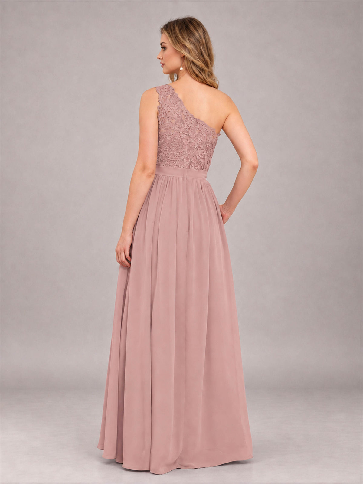 Dusty Rose Trendy Lace Appliques One Shoulder Chiffon Bridesmaid Dress With Pockets
