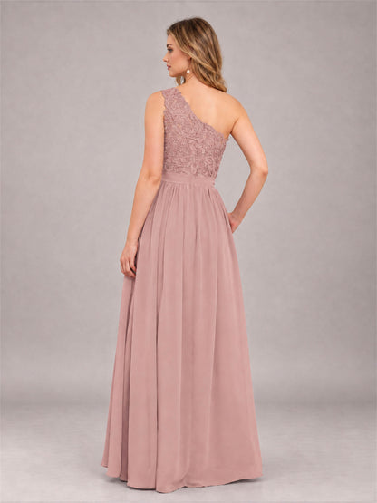Dusty Rose Trendy Lace Appliques One Shoulder Chiffon Bridesmaid Dress With Pockets