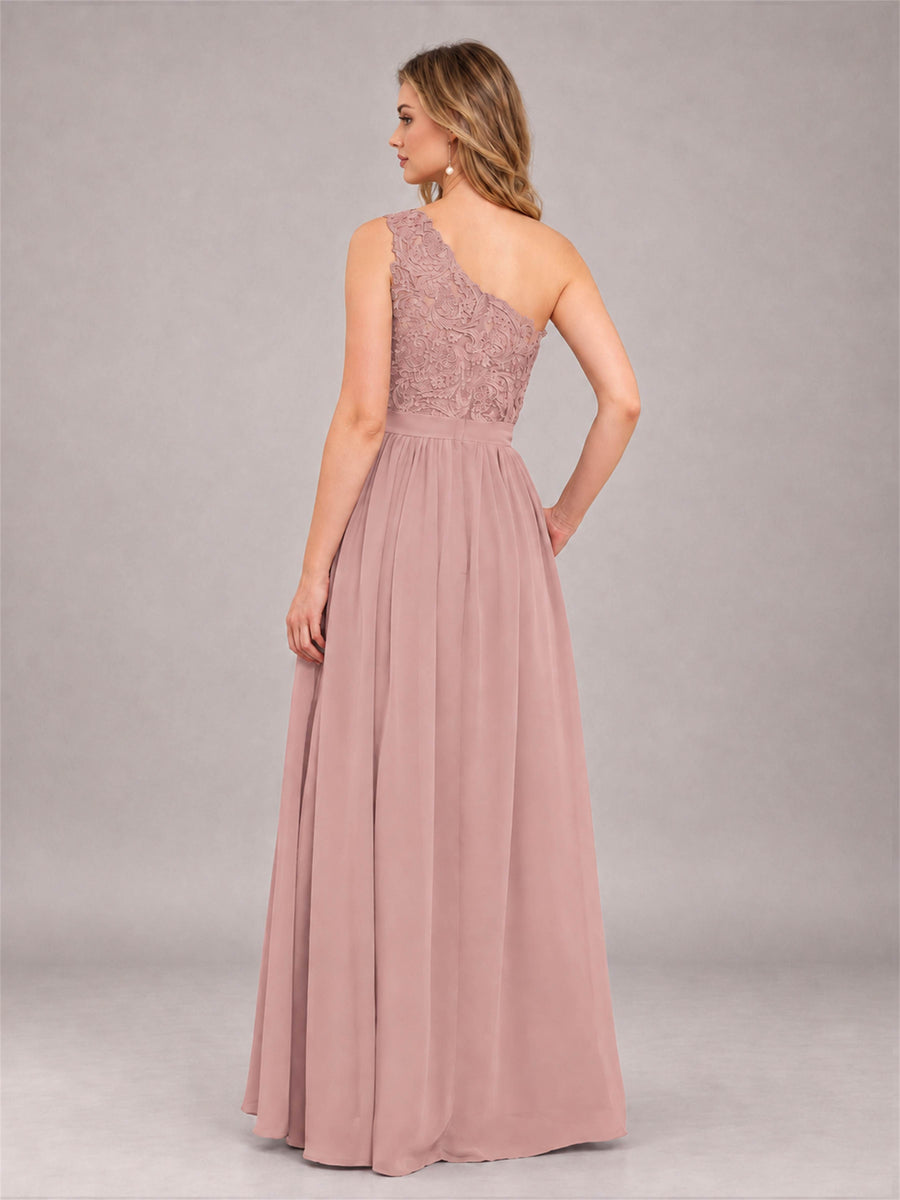 Dusty Rose Trendy Lace Appliques One Shoulder Chiffon Bridesmaid Dress With Pockets