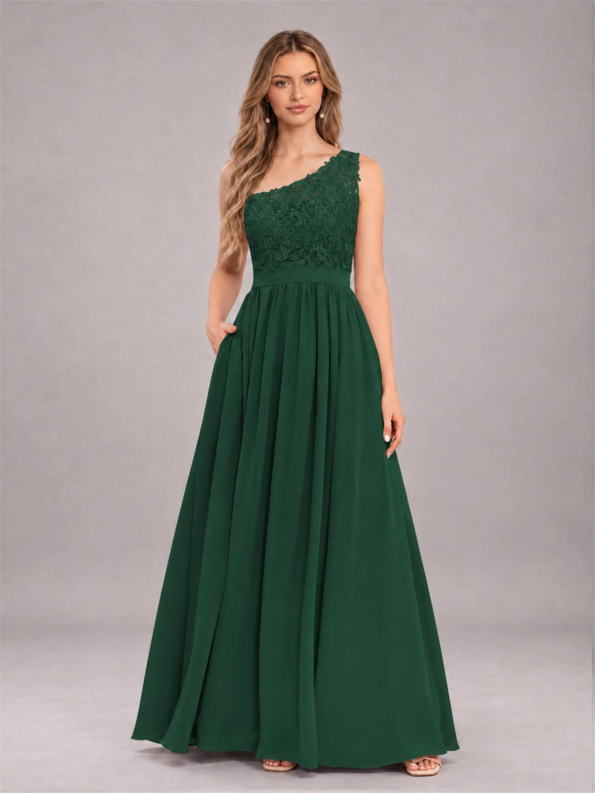 Emerald Green Trendy Lace Appliques One Shoulder Chiffon Bridesmaid Dress With Pockets