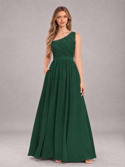 Emerald Green Trendy Lace Appliques One Shoulder Chiffon Bridesmaid Dress With Pockets