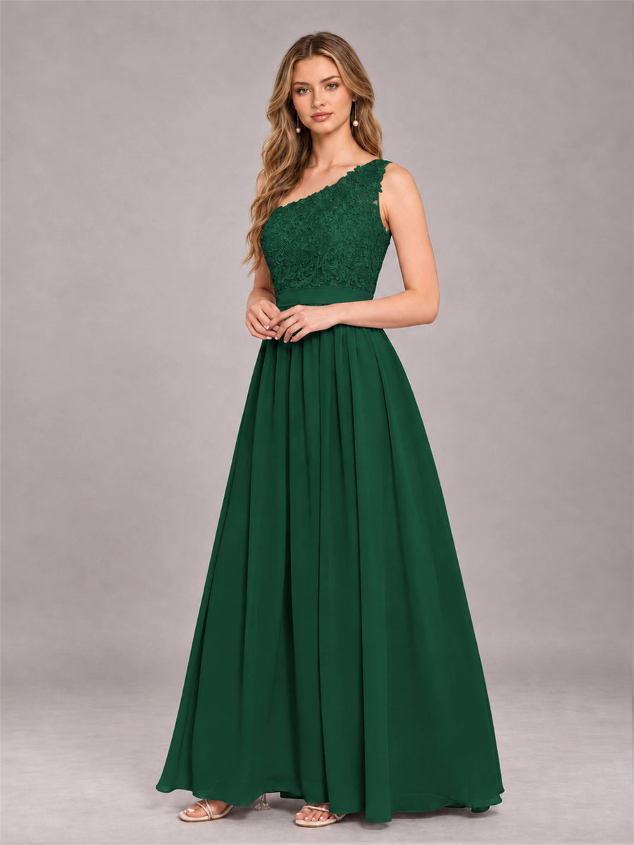 Emerald Green Trendy Lace Appliques One Shoulder Chiffon Bridesmaid Dress With Pockets