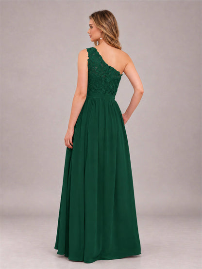 Emerald Green Trendy Lace Appliques One Shoulder Chiffon Bridesmaid Dress With Pockets