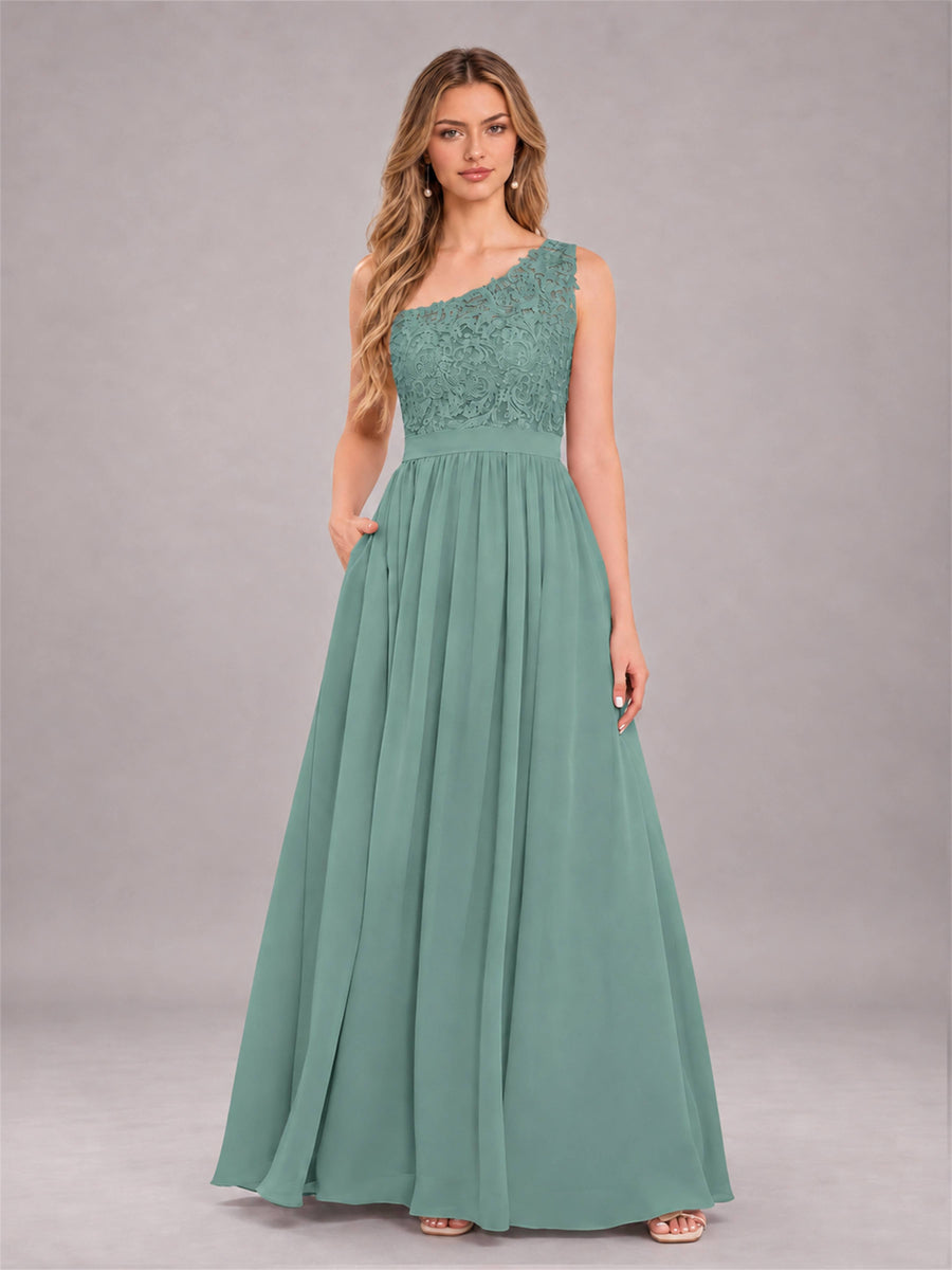 Eucalyptus Trendy Lace Appliques One Shoulder Chiffon Bridesmaid Dress With Pockets
