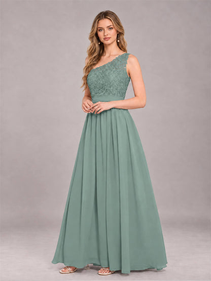 Eucalyptus Trendy Lace Appliques One Shoulder Chiffon Bridesmaid Dress With Pockets