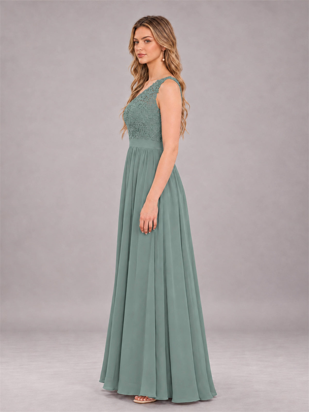 Eucalyptus Trendy Lace Appliques One Shoulder Chiffon Bridesmaid Dress With Pockets