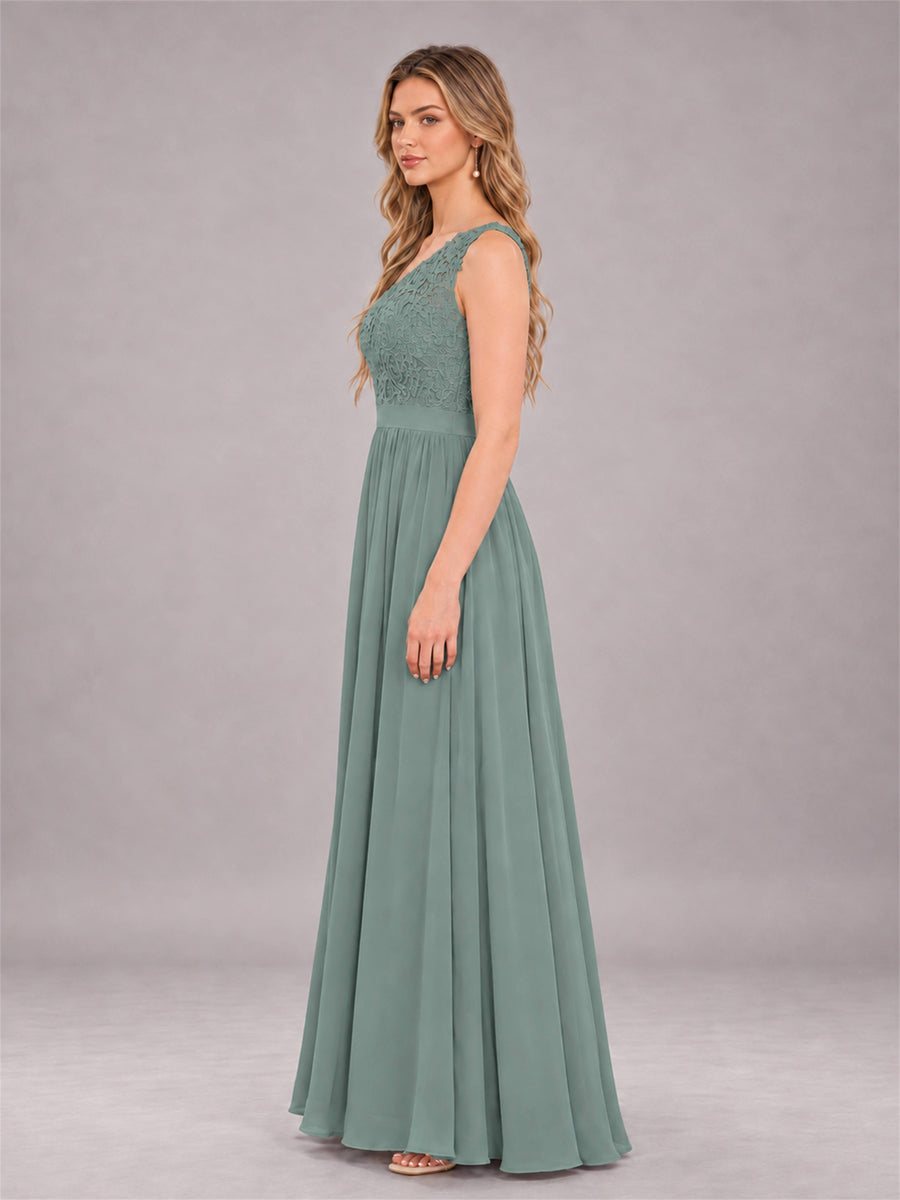 Eucalyptus Trendy Lace Appliques One Shoulder Chiffon Bridesmaid Dress With Pockets