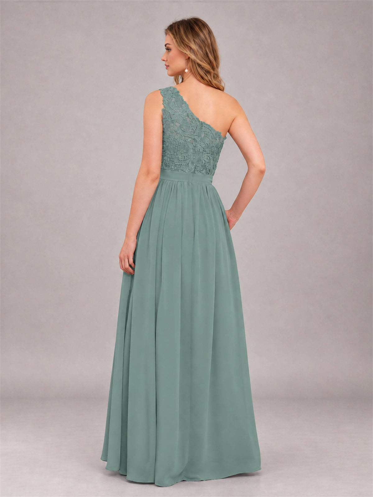 Eucalyptus Trendy Lace Appliques One Shoulder Chiffon Bridesmaid Dress With Pockets