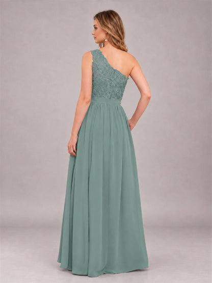 Eucalyptus Trendy Lace Appliques One Shoulder Chiffon Bridesmaid Dress With Pockets
