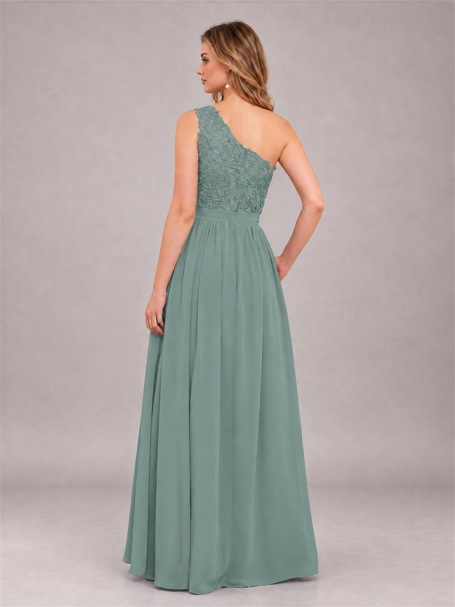 Eucalyptus Trendy Lace Appliques One Shoulder Chiffon Bridesmaid Dress With Pockets