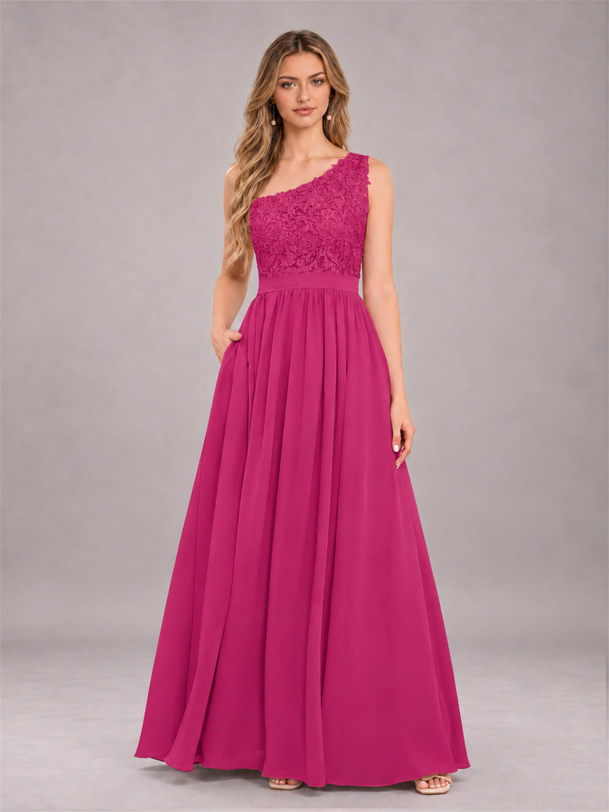 Fuchsia Trendy Lace Appliques One Shoulder Chiffon Bridesmaid Dress With Pockets