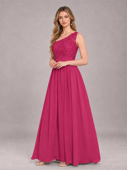 Fuchsia Trendy Lace Appliques One Shoulder Chiffon Bridesmaid Dress With Pockets