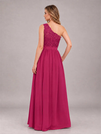 Fuchsia Trendy Lace Appliques One Shoulder Chiffon Bridesmaid Dress With Pockets