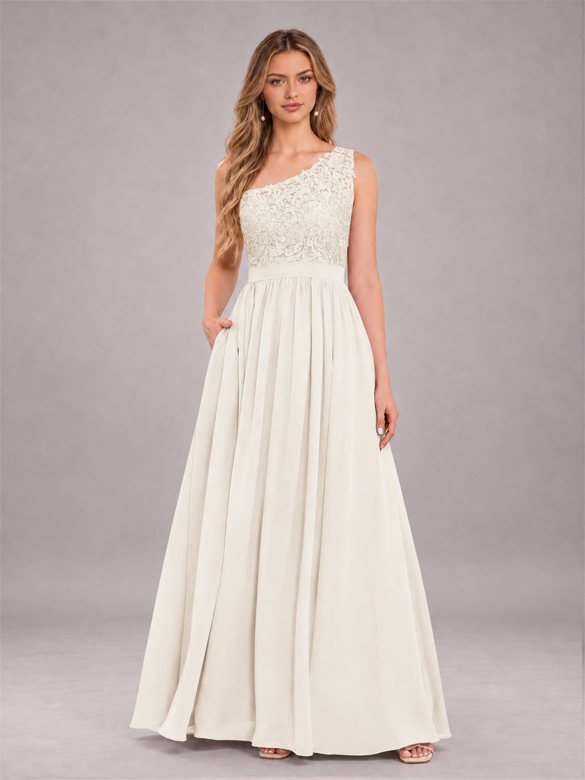 Ivory Trendy Lace Appliques One Shoulder Chiffon Bridesmaid Dress With Pockets
