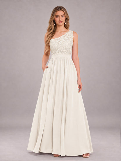 Ivory Trendy Lace Appliques One Shoulder Chiffon Bridesmaid Dress With Pockets