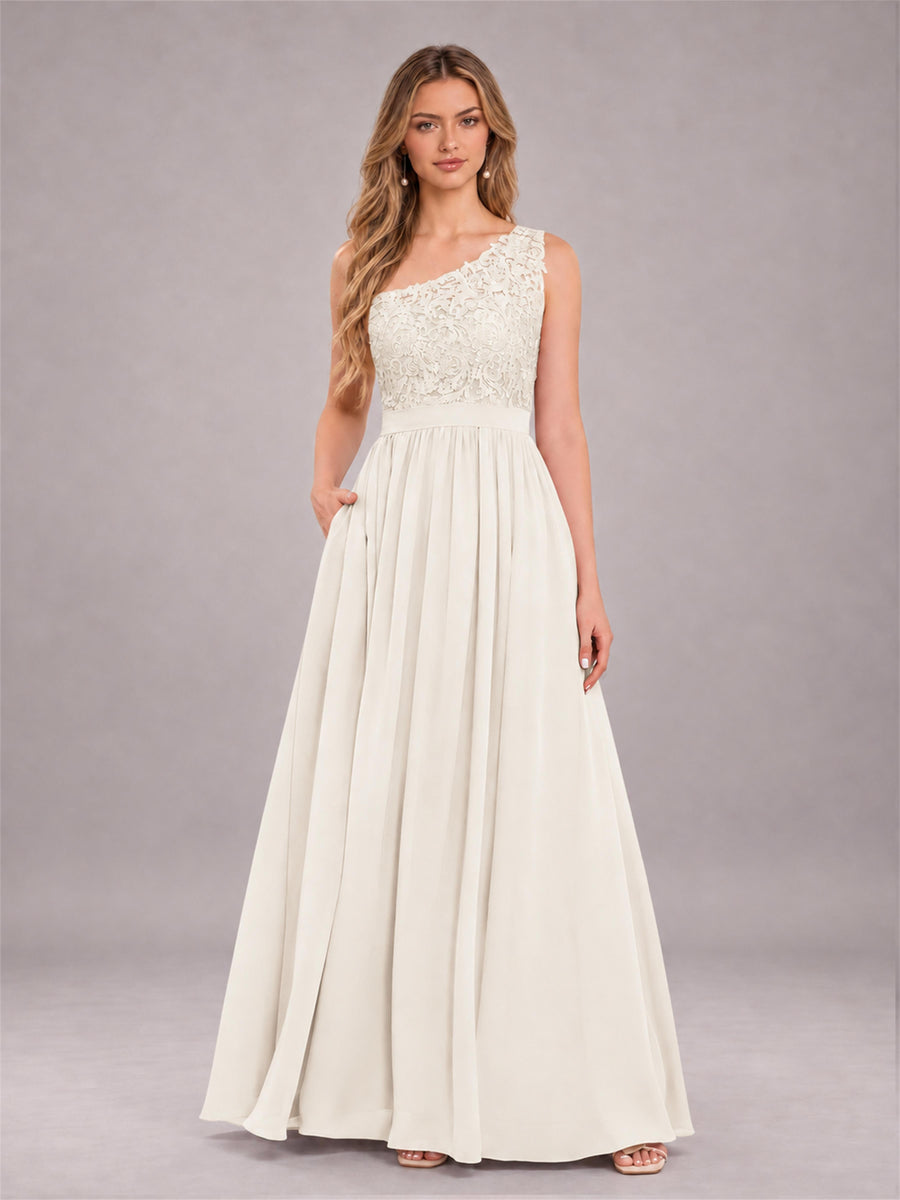 Ivory Trendy Lace Appliques One Shoulder Chiffon Bridesmaid Dress With Pockets
