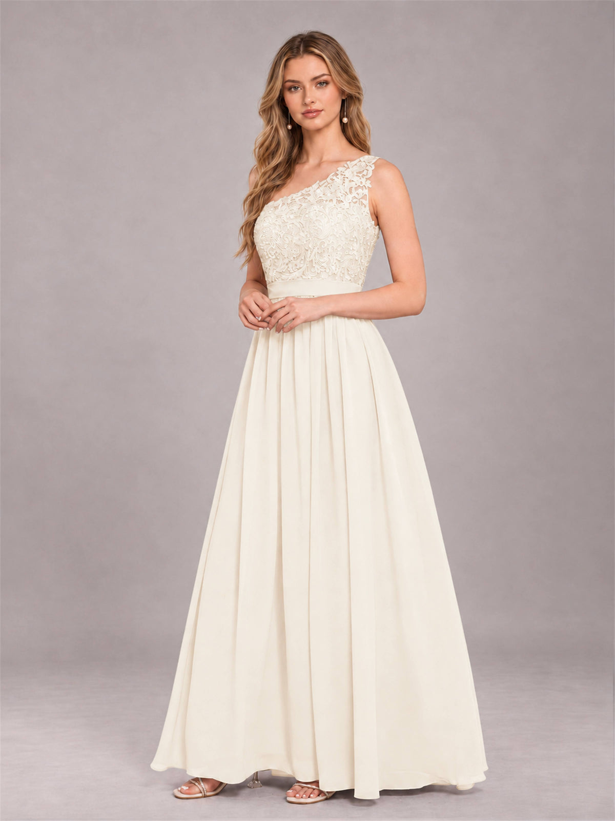 Ivory Trendy Lace Appliques One Shoulder Chiffon Bridesmaid Dress With Pockets