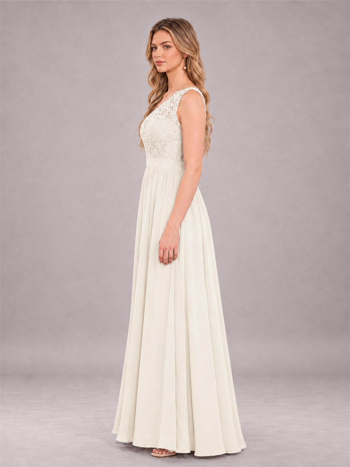 Ivory Trendy Lace Appliques One Shoulder Chiffon Bridesmaid Dress With Pockets