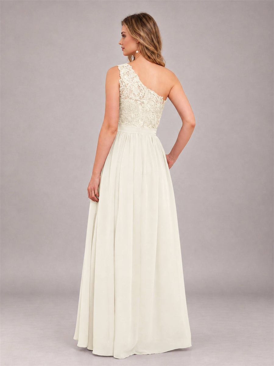 Ivory Trendy Lace Appliques One Shoulder Chiffon Bridesmaid Dress With Pockets