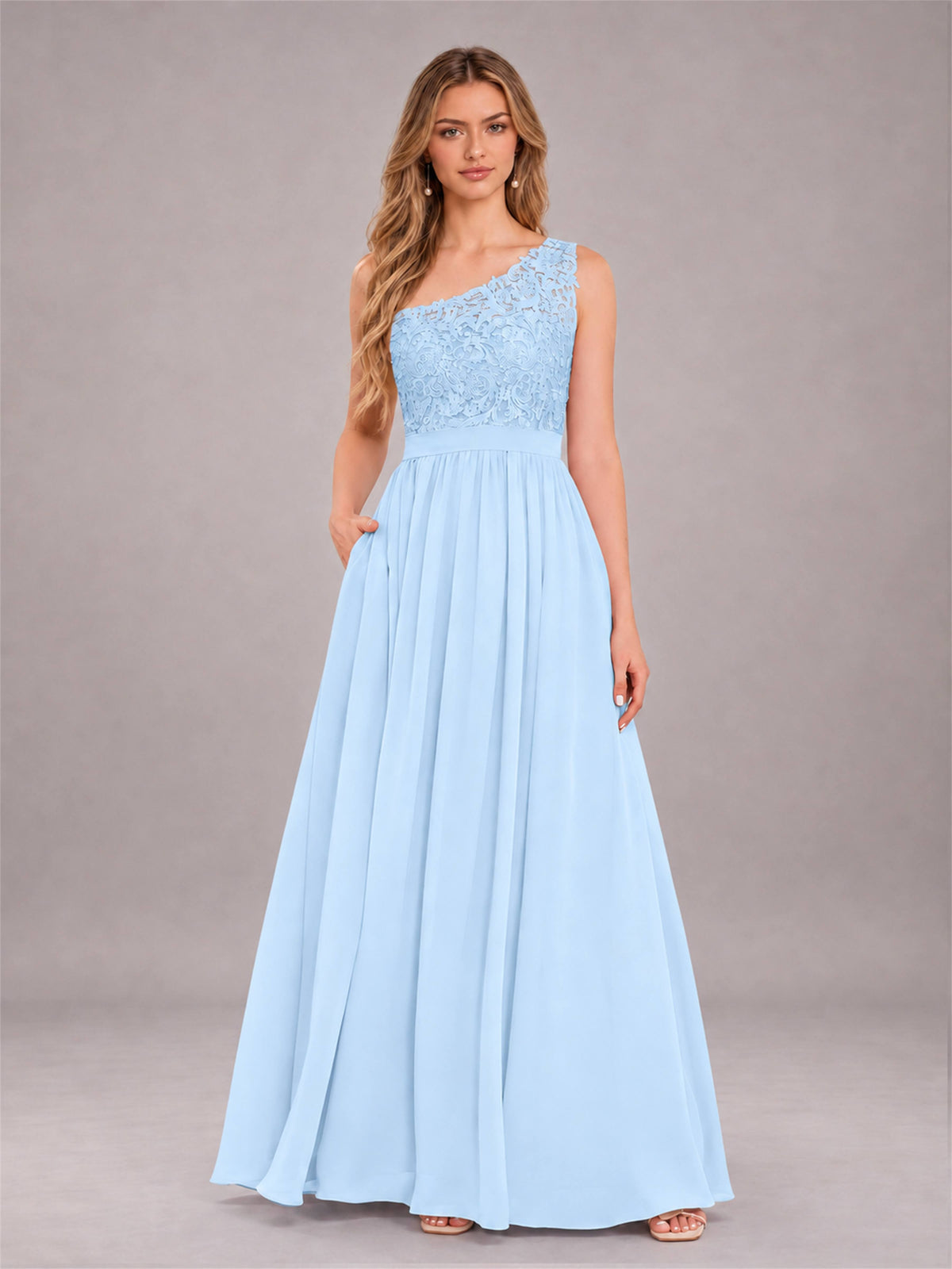 Light Blue Trendy Lace Appliques One Shoulder Chiffon Bridesmaid Dress With Pockets