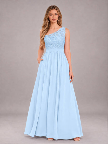 Light Blue Trendy Lace Appliques One Shoulder Chiffon Bridesmaid Dress With Pockets