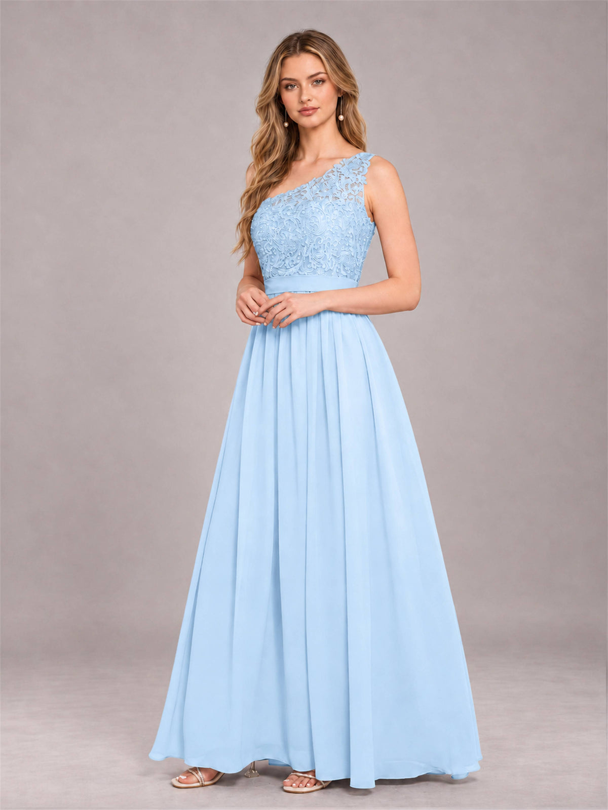 Light Blue Trendy Lace Appliques One Shoulder Chiffon Bridesmaid Dress With Pockets
