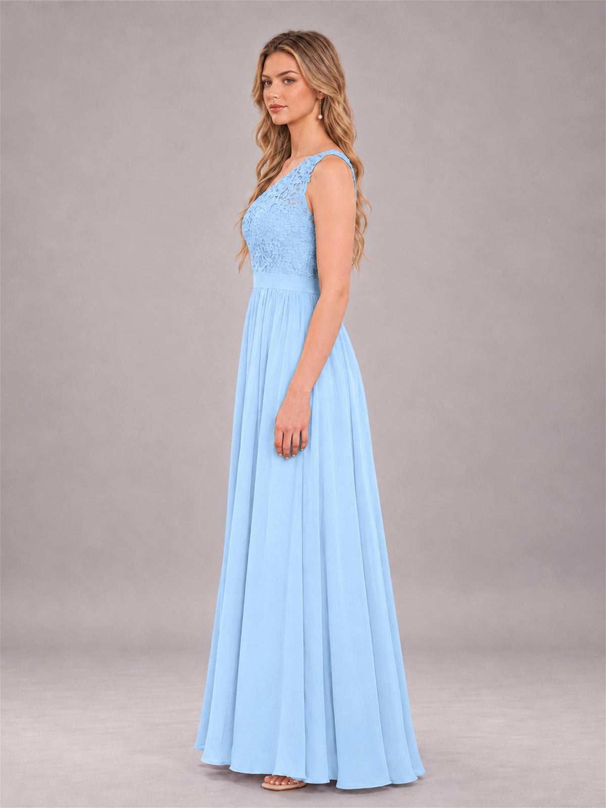 Light Blue Trendy Lace Appliques One Shoulder Chiffon Bridesmaid Dress With Pockets