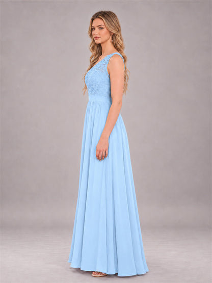 Light Blue Trendy Lace Appliques One Shoulder Chiffon Bridesmaid Dress With Pockets