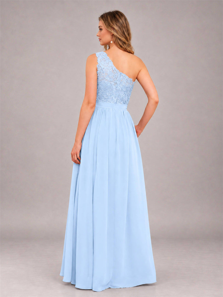 Light Blue Trendy Lace Appliques One Shoulder Chiffon Bridesmaid Dress With Pockets