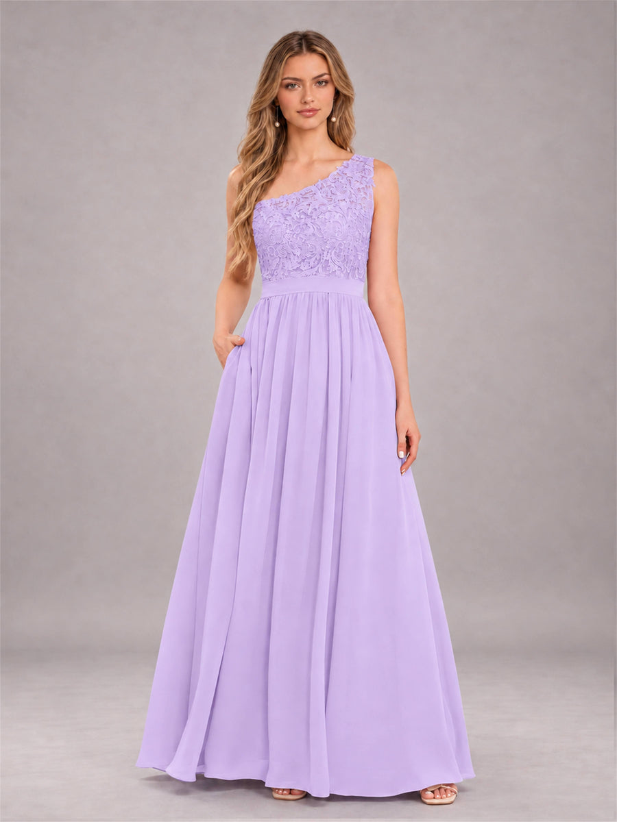 Lilac Trendy Lace Appliques One Shoulder Chiffon Bridesmaid Dress With Pockets
