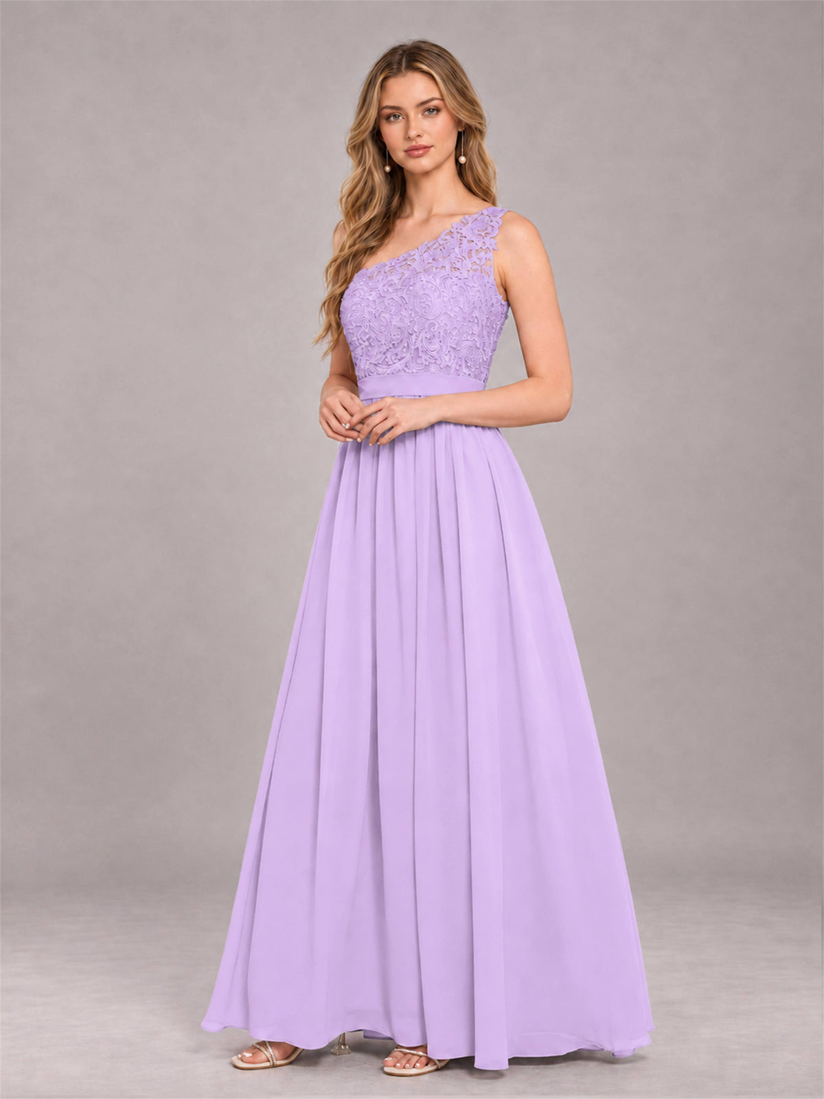 Lilac Trendy Lace Appliques One Shoulder Chiffon Bridesmaid Dress With Pockets