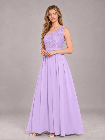 Lilac Trendy Lace Appliques One Shoulder Chiffon Bridesmaid Dress With Pockets
