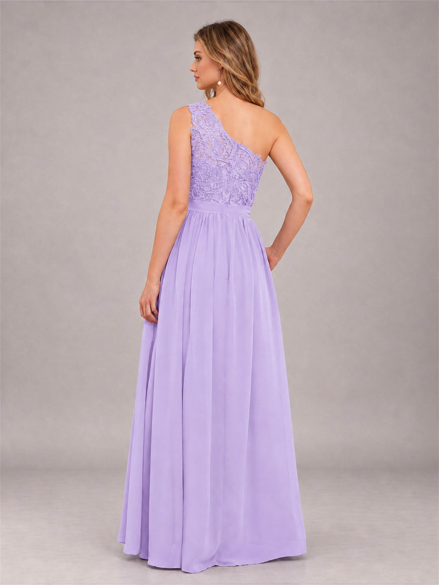 Lilac Trendy Lace Appliques One Shoulder Chiffon Bridesmaid Dress With Pockets
