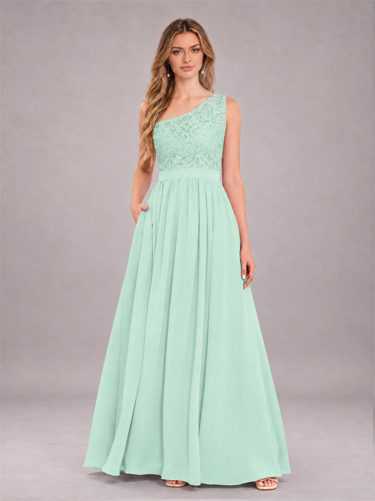 Mint Green Trendy Lace Appliques One Shoulder Chiffon Bridesmaid Dress With Pockets