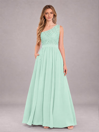 Mint Green Trendy Lace Appliques One Shoulder Chiffon Bridesmaid Dress With Pockets