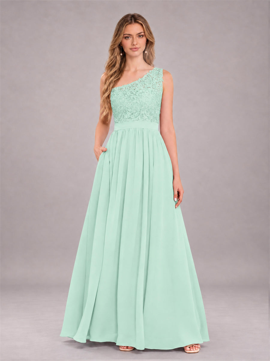 Mint Green Trendy Lace Appliques One Shoulder Chiffon Bridesmaid Dress With Pockets